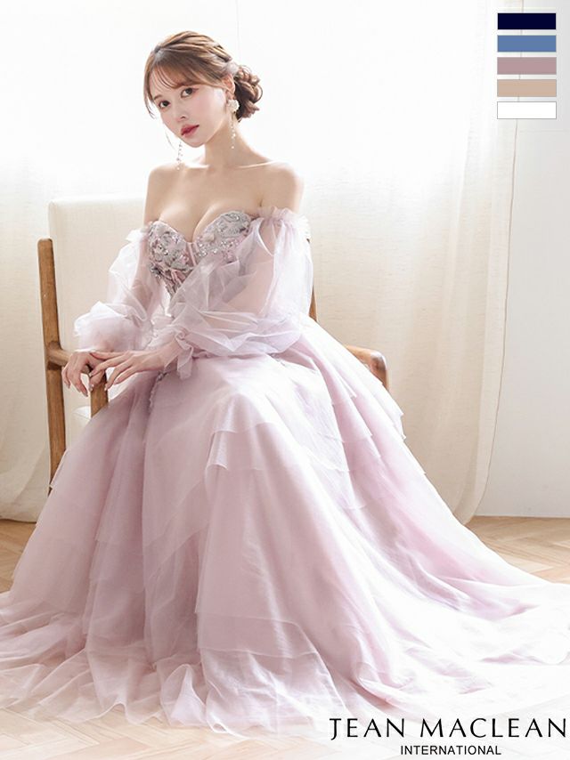 キャバドレス JEANMACLEAN ジャンマクレーン フラワーレース シアースリーブ フレア バックスピンドル バースデー オフショルダー Aラインロングドレス