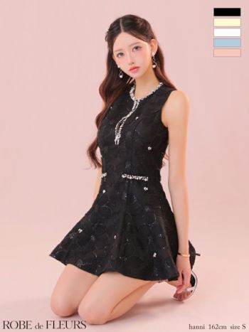 キャバドレス ROBEdeFLEURS ローブドフルール ジップデザイン ノースリーブ ビジュー ガーリー フレアミニドレス