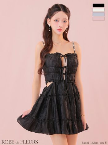 キャバドレス ROBEdeFLEURS ローブドフルール リボン ウエストスリット ビジュー オープンバスト シャーリング サテン ガーリー キャミソール フレアミニドレス