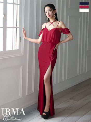 キャバドレス IRMA イルマ シフォン スリット クロスデザイン キャミソール 肩あき タイトロングドレス