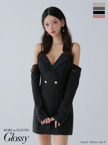 キャバドレス Glossy ROBE de FLEURS グロッシー ローブドフルール 長袖 セクシー ２way テーラード風 肩あき タイトミニドレス