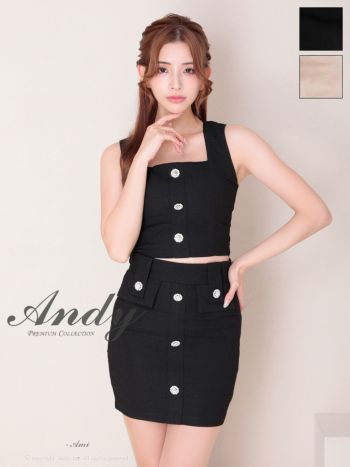 Andy/アンディ】ノースリーブ セットアップ ビジューボタン スクエアネック タイトミニドレス