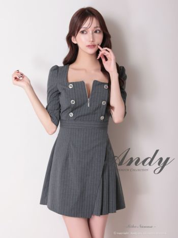 キャバドレス Andy アンディ ストライプ スクエアネック 飾りボタン ジップデザイン 袖あり フレアミニドレス