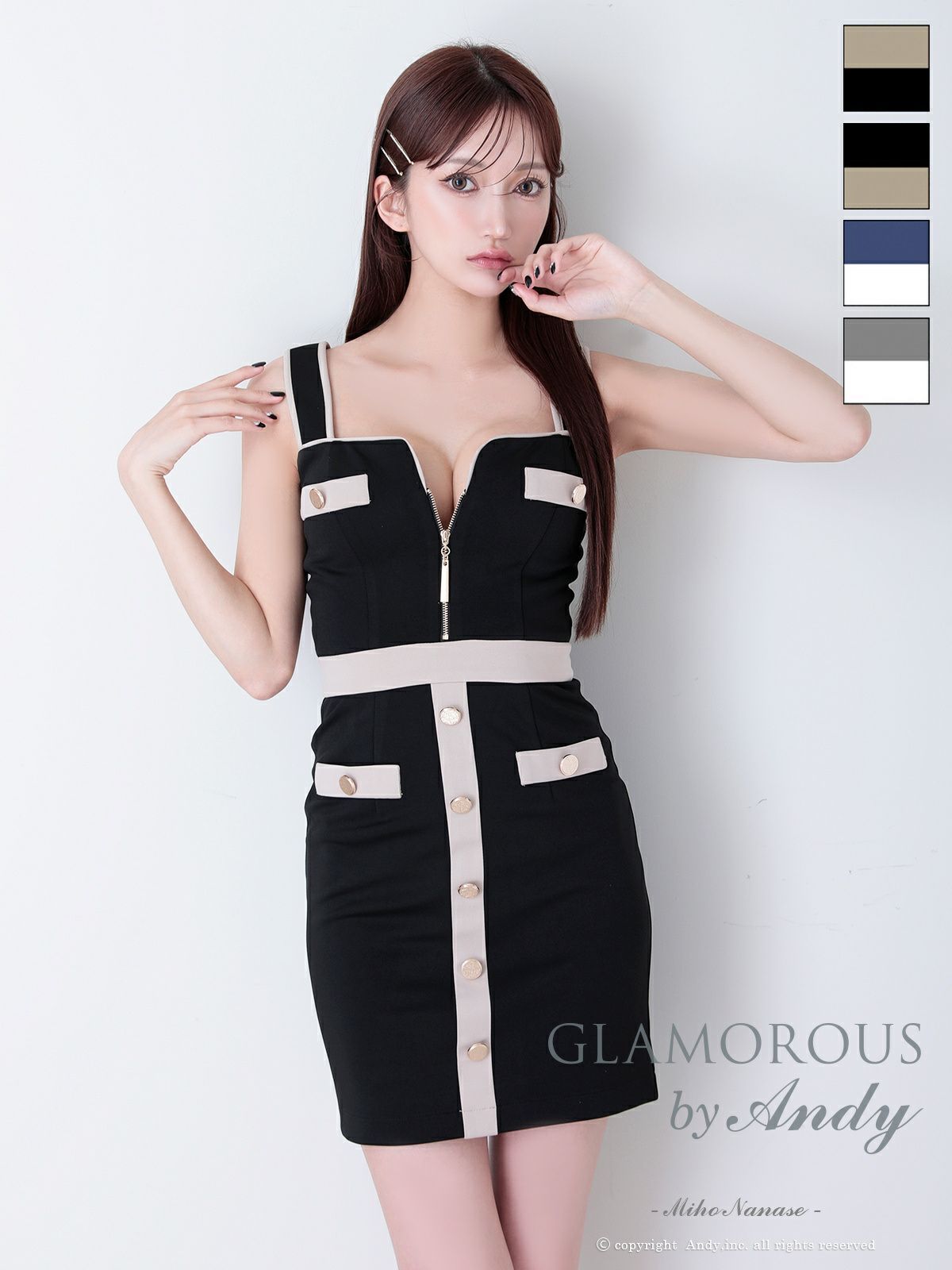 キャバドレス GLAMOROUS グラマラス ノースリーブ ジップデザイン バイカラー スクエアネック 飾りポケット 飾りボタン タイトミニドレス