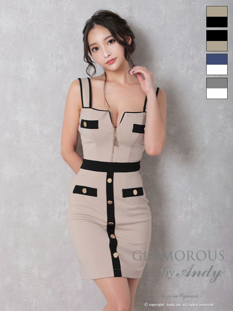 キャバドレス GLAMOROUS グラマラス ジップデザイン ノースリーブ バイカラー スクエアネック 飾りポケット 飾りボタン タイトミニドレス