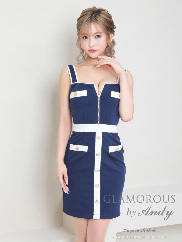 キャバドレス GLAMOROUS グラマラス バイカラー ジップデザイン ノースリーブ スクエアネック 飾りポケット 飾りボタン タイトミニドレス