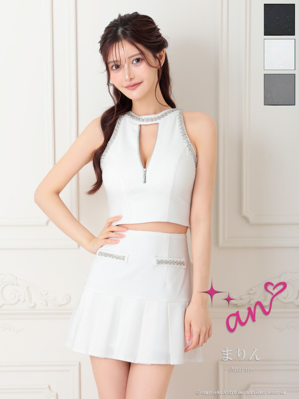 美品 セットアップドレス an andy an/アン】セットアップ ジップデザイン ノースリーブ ビジュー