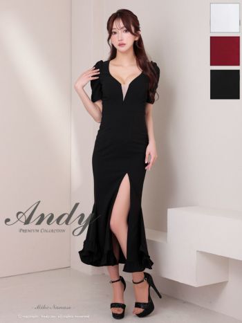 キャバドレス Andy アンディ フリル ワンカラー スリット シンプル 袖あり マーメイドロングドレス