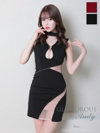 キャバドレス GLAMOROUS グラマラス ノースリーブ くびれ透け ジップデザイン カットデザイン シアー ビジュー タイトミニドレス