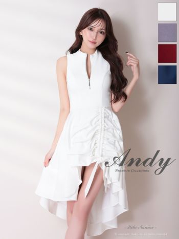 キャバドレス Andy アンディ リボン ギャザーデザイン ハイネック ジップデザイン ノースリーブ ロングテールドレス