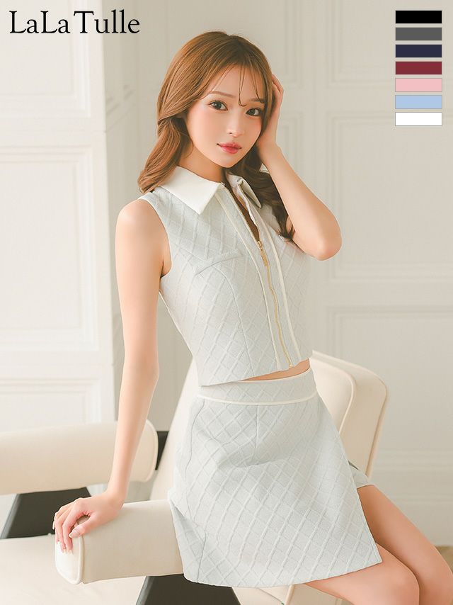 キャバドレス Glossy ROBE de FLEURS グロッシー ローブドフルール ジップデザイン セットアップ ワンカラー ジャガードニット ノースリーブ 襟付き ラップスカート タイトミニドレス
