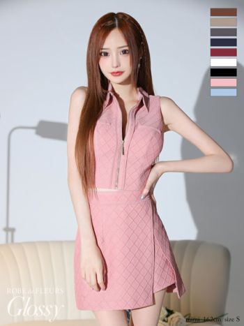 Glossyグロッシー セットアップ　ドレス　ワンピース　ピンク XSサイズあり】2way♥バストカットダブルジップラメセットアップ