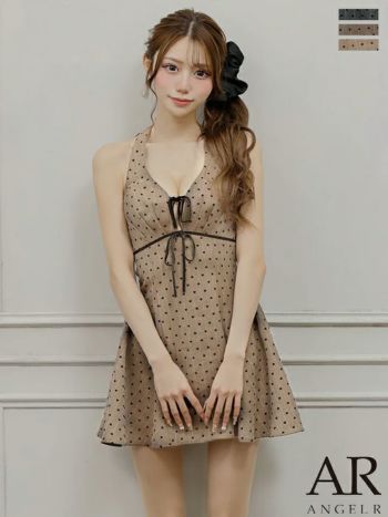キャバドレス Angel R エンジェルアール ガーリー バストリボン ホルターネック ドット柄 Vカット フレアミニドレス