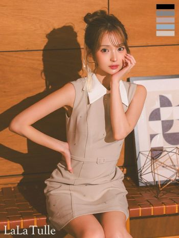 キャバドレス DEA. ROBE de FLEURS ディア ローブドフルール 襟付き ノースリーブ ベルトデザイン ビジュー シンプル タイトミニドレス