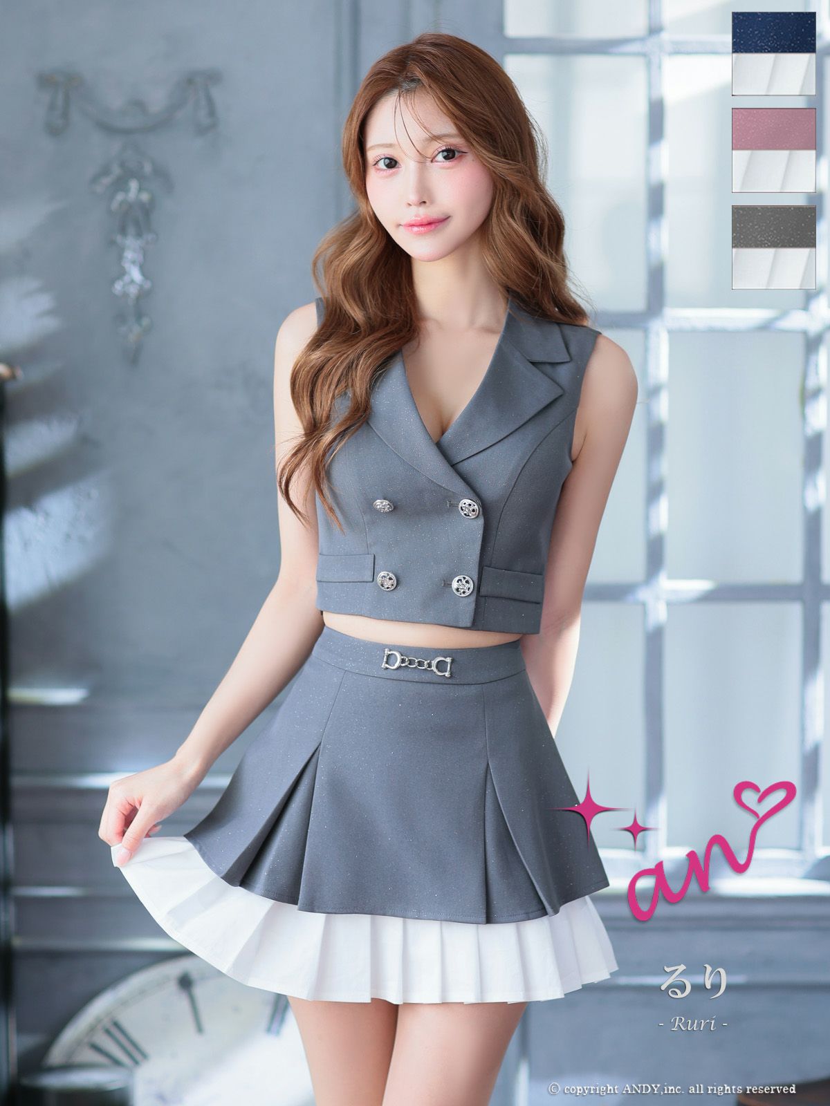 キャバドレス an アン プリーツ 襟付き フロントボタン クロスデザイン セットアップ ノースリーブ フレアミニドレス