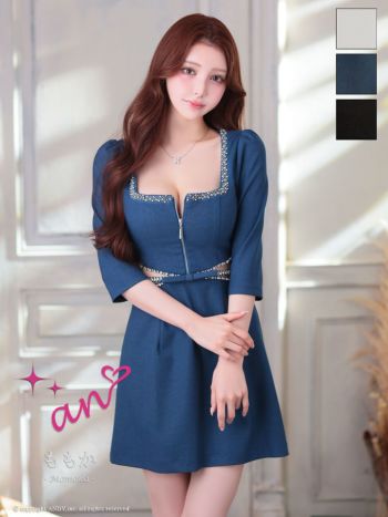 キャバドレス an アン くびれ透け スクエアネック リボン バストジップ ビジュー 袖あり フレアミニドレス