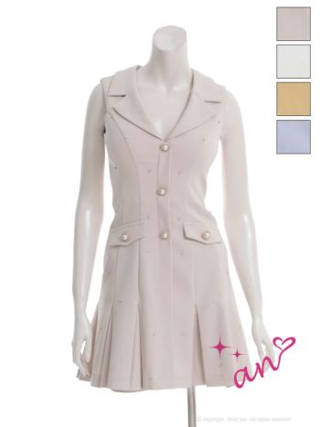 キャバドレス an アン 襟付き ビジュー パールボタン プリーツ フェイクポケット　ワンカラー ノースリーブ フレアミニドレス