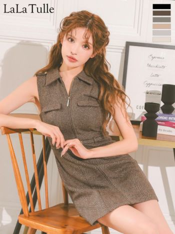 キャバドレス DEA. ROBE de FLEURS ディア ローブドフルール シンプル ウエストベルト 襟付き ジップデザイン ノースリーブ フレアミニドレス