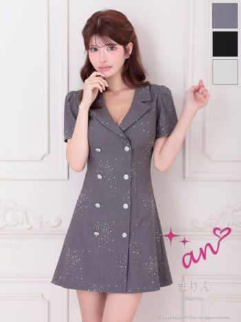 キャバドレス an アン ビジューボタン 襟付き 半袖 ストーン Aライン フレアミニドレス