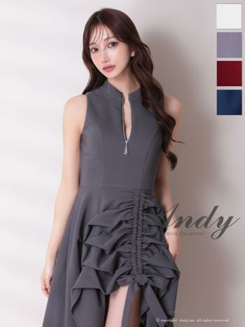 キャバドレス Andy アンディ ノースリーブ ハイネック リボン ギャザーデザイン ジップデザイン ロングテールドレス