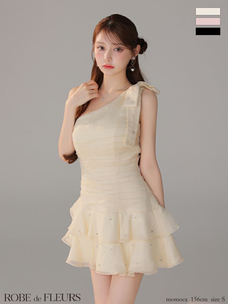 キャバドレス ROBEdeFLEURS ローブドフルール ワンショルダー ビッグリボン ビジュー アシンメトリー フリル ティアードスカート ガーリー フレアミニドレス