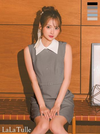 キャバドレス DEA. ROBE de FLEURS ディア ローブドフルール ベルトデザイン シンプル 襟付き ノースリーブ ビジュー タイトミニドレス