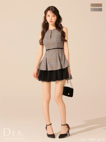 キャバドレス DEA. ROBE de FLEURS ディア ローブドフルール ウエストベルト チュール ノースリーブ チェック柄 ジップデザイン フレアミニドレス