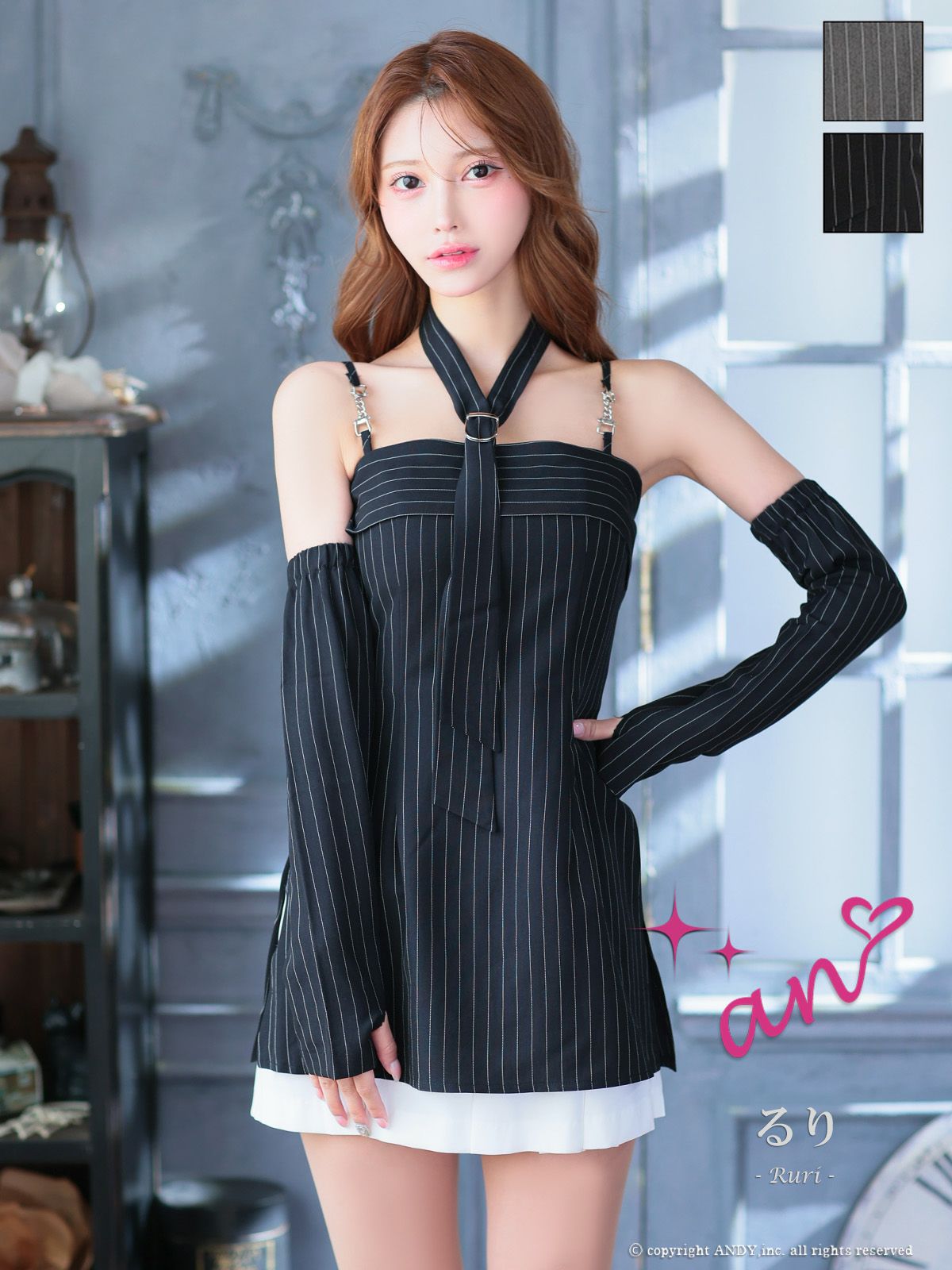 キャバドレス an アン ストライプ レイヤード 肩あき 長袖 キャミソール フレアミニドレス