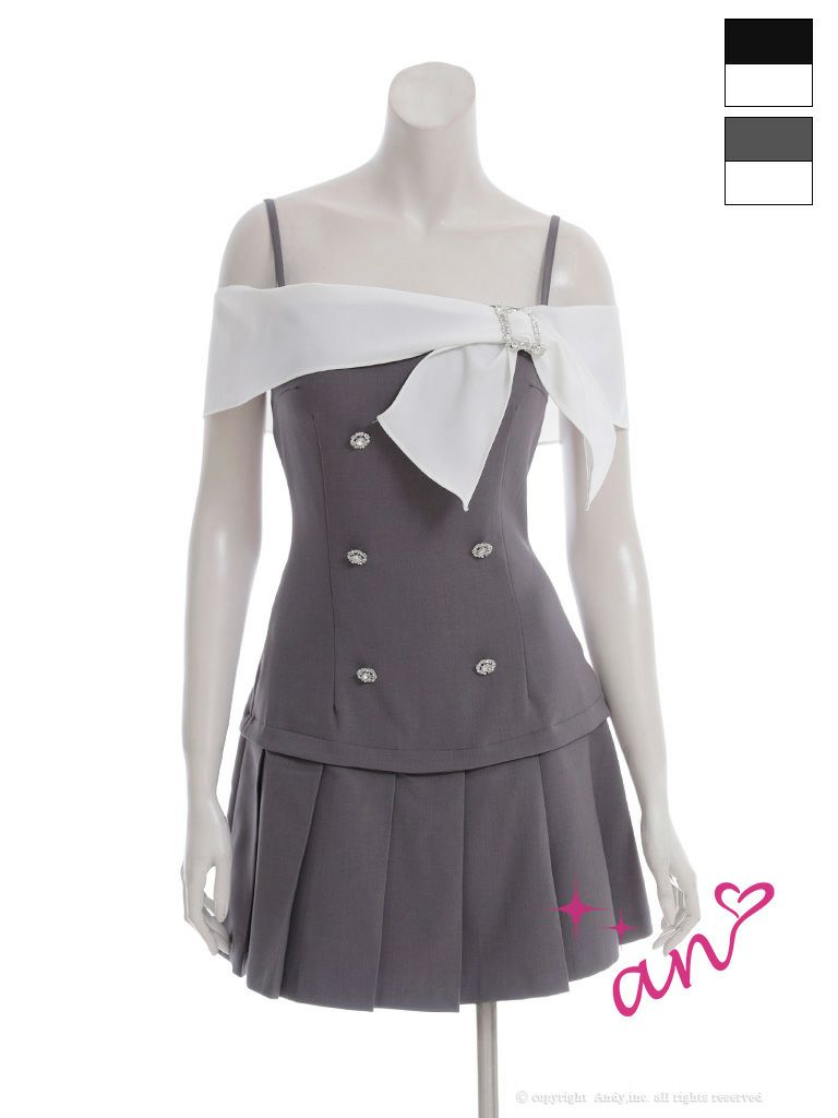 キャバドレス an アン リボン フロントボタン プリーツ バイカラー オフショルダー キャミソール フレアミニドレス