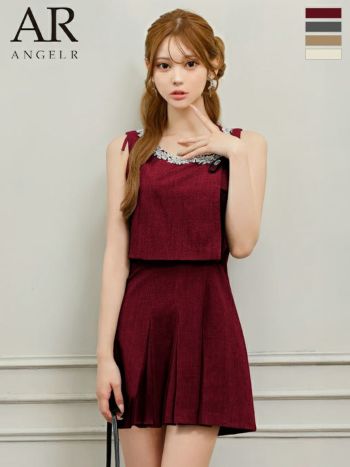 キャバドレス Angel R エンジェルアール ビジュー リボン ガーリー 2way ノースリーブ プリーツ トップス付き フレアミニドレス