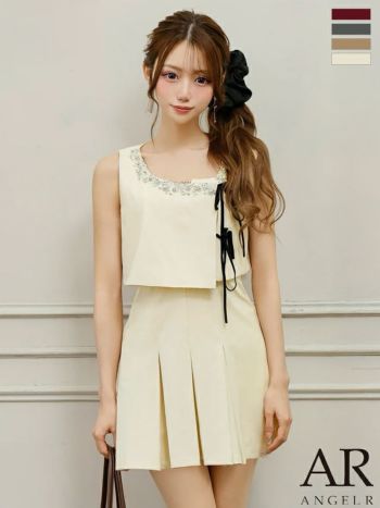 キャバドレス Angel R エンジェルアール ノースリーブ プリーツ トップス付き ビジュー リボン ガーリー 2way フレアミニドレス