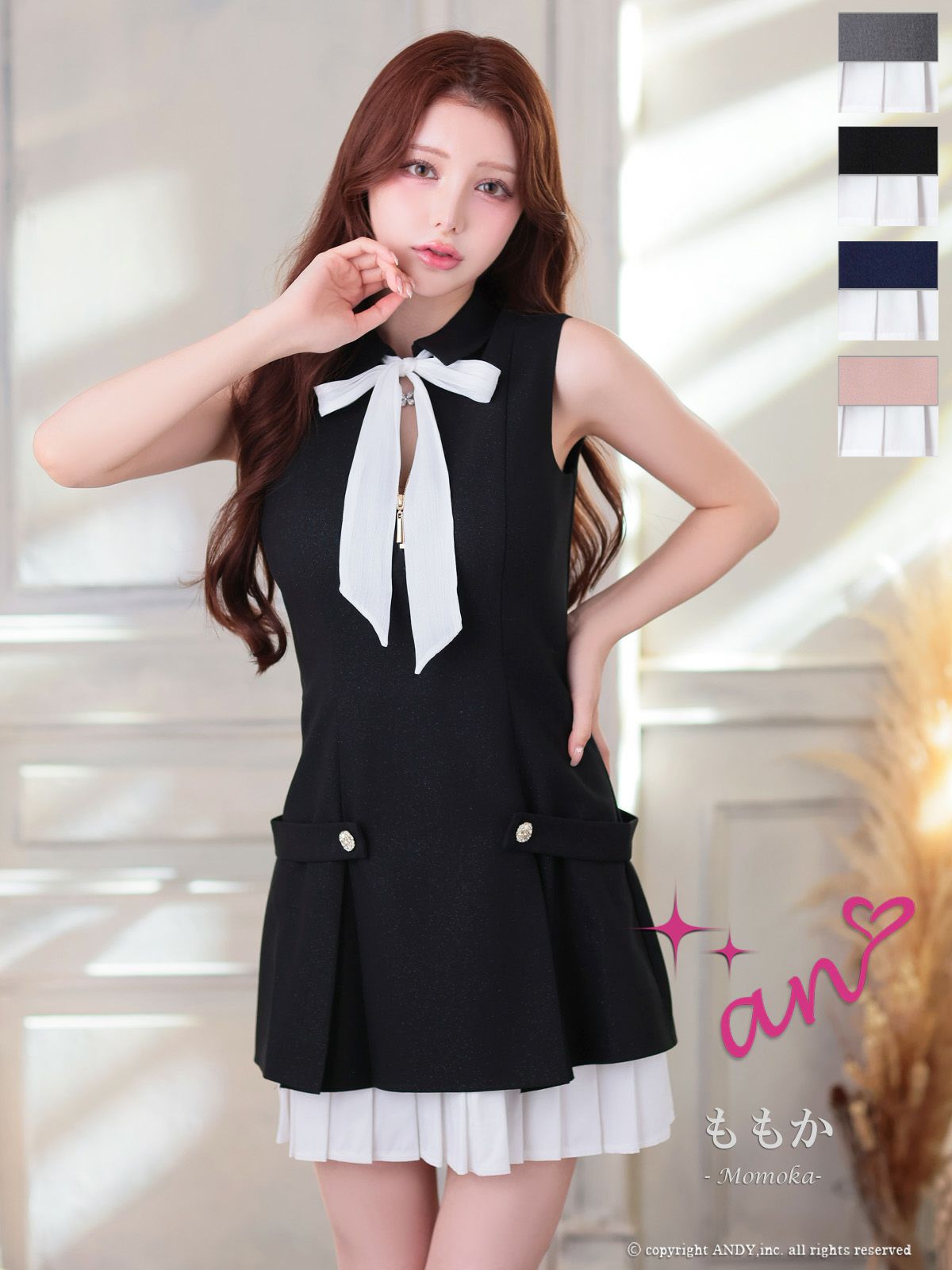 キャバドレス an アン ジップデザイン 襟付き リボン レイヤード プリーツ ノースリーブ フレアミニドレス