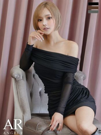 キャバドレス Angel R エンジェルアール オフショルダー 長袖 ワンカラー シンプル ウエストギャザー セットアップ タイトミニドレス