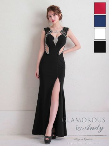 キャバドレス GLAMOROUS グラマラス レース ビジュー スリット くびれ透け ワンカラー ノースリーブ マーメイドロングドレス