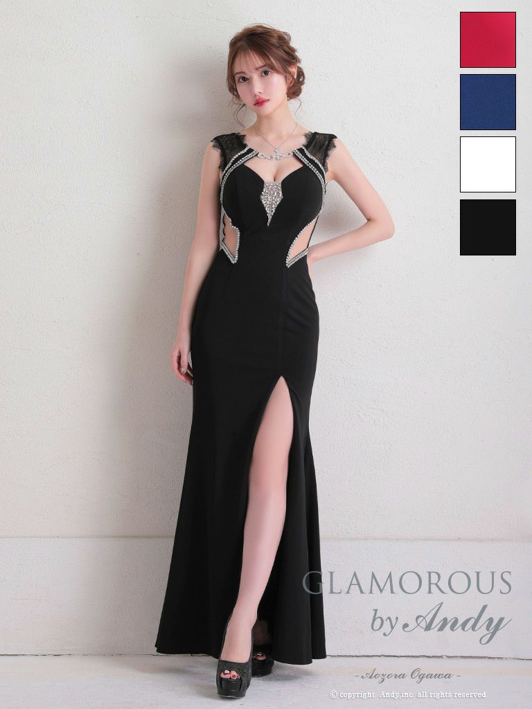キャバドレス GLAMOROUS グラマラス レース ビジュー スリット くびれ透け ワンカラー ノースリーブ マーメイドロングドレス
