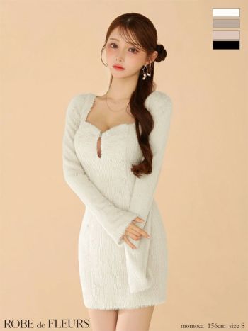 キャバドレス ROBEdeFLEURS ローブドフルール フェザーニット パール 長袖 シンプル ハートカット タイトミニドレス