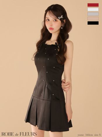 キャバドレス ROBEdeFLEURS ローブドフルール リボン キャミソール ガーリー ボックスプリーツ ビジュー フレアミニドレス