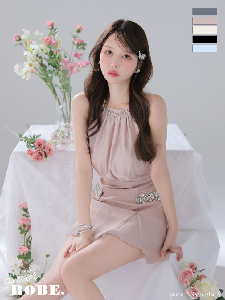 キャバドレス anier.ROBE アニエルローブ ローブドフルール サテン ビジュー ホルターネック バックオープン シフォン タイトミニドレス
