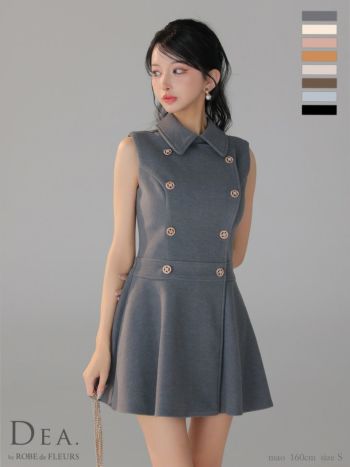 キャバドレス DEA. ROBE de FLEURS ディア ローブドフルール ノースリーブ ダブルボタン 襟付き プリーツ シンプル メルトン フレアミニドレス 