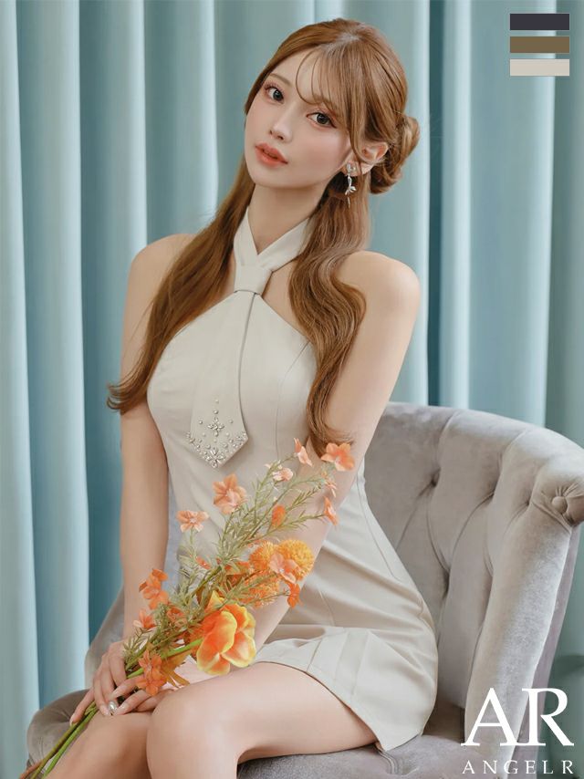 キャバドレス Angel R エンジェルアール シンプル ホルターネック ネクタイデザイン ビジュー パール プリーツ フレアミニドレス