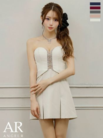 キャバドレス Angel R エンジェルアール オープンバスト クロスネックデザイン リボン ビジュー プリーツスカート セットアップ フェミニン フレアミニドレス