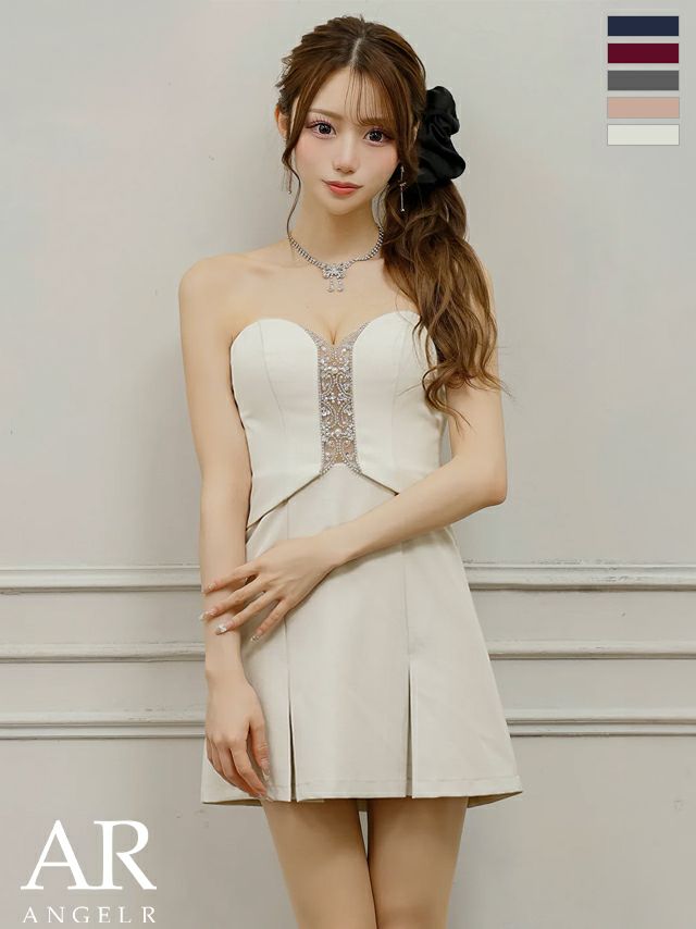 キャバドレス Angel R エンジェルアール オープンバスト クロスネックデザイン リボン ビジュー プリーツスカート セットアップ フェミニン フレアミニドレス