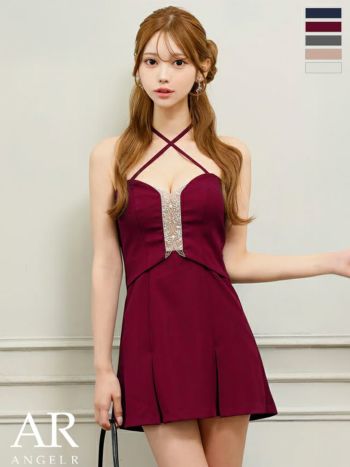 キャバドレス Angel R エンジェルアール ビジュー プリーツスカート セットアップ フェミニン オープンバスト クロスネックデザイン リボン フレアミニドレス