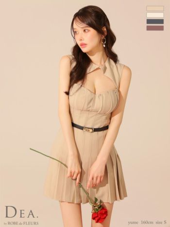 キャバドレス DEA. ROBE de FLEURS ディア ローブドフルール バストカット ウエストベルト プリーツスカート ワンカラー ノースリーブ フレアミニドレス