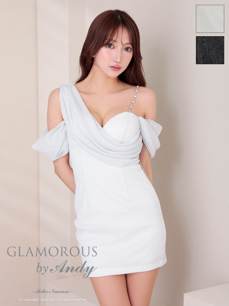 キャバドレス GLAMOROUS グラマラス ワンショルダー 肩あき ビジューストラップ ラメ ドレープ シアー タイトミニドレス