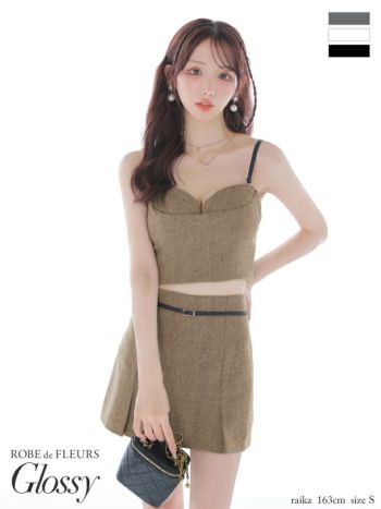 キャバドレス Glossy ROBE de FLEURS グロッシー ローブドフルール セットアップ ウエストベルト キャミソール ヘリンボーン プリーツ タイトミニドレス