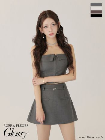 キャバドレス Glossy ROBE de FLEURS グロッシー ローブドフルール キャミソール セットアップ ベア ジップデザイン シンプル ワンカラー ツイル フレアミニドレス