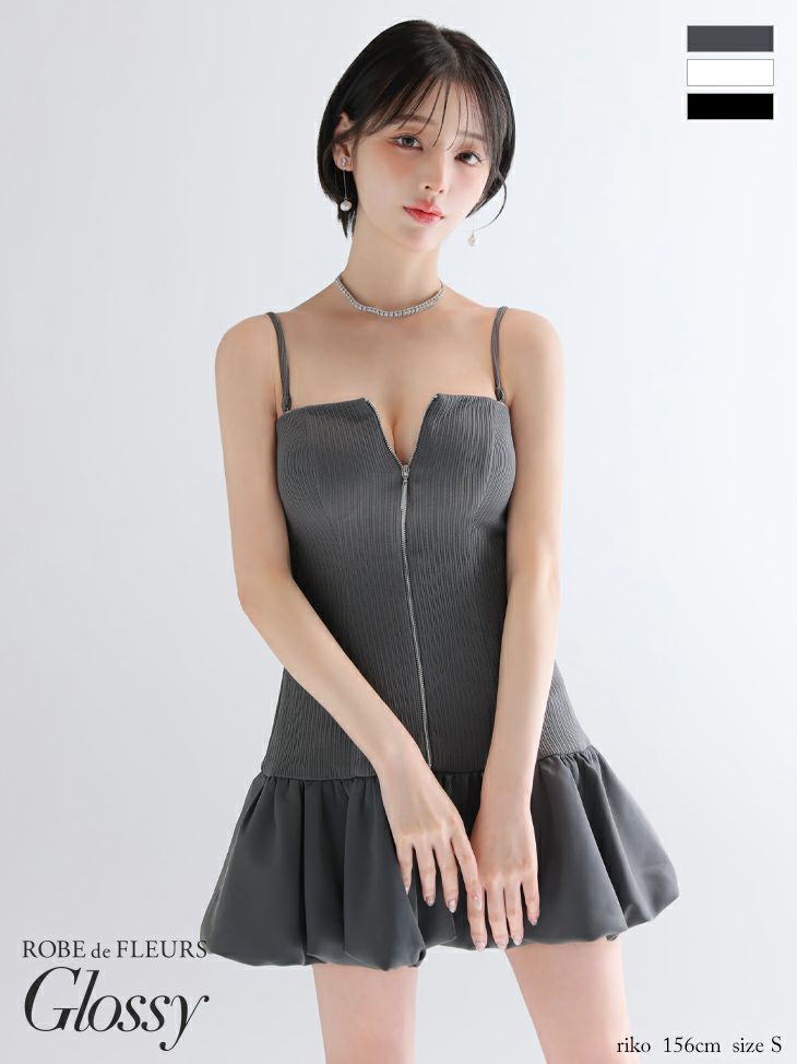 キャバドレス Glossy ROBE de FLEURS グロッシー ローブドフルール キャミソール バルーンスカート ベアトップ ジップデザイン フレアミニドレス