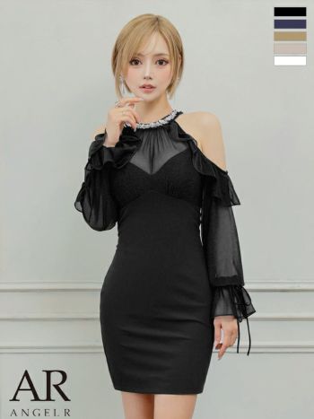キャバドレス Angel R エンジェルアール ホルターネック 長袖 ビジュー 肩あき シアー フリル タイトミニドレス