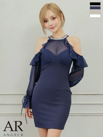 キャバドレス Angel R エンジェルアール ビジュー フリル 肩あき シアー ホルターネック 長袖 タイトミニドレス